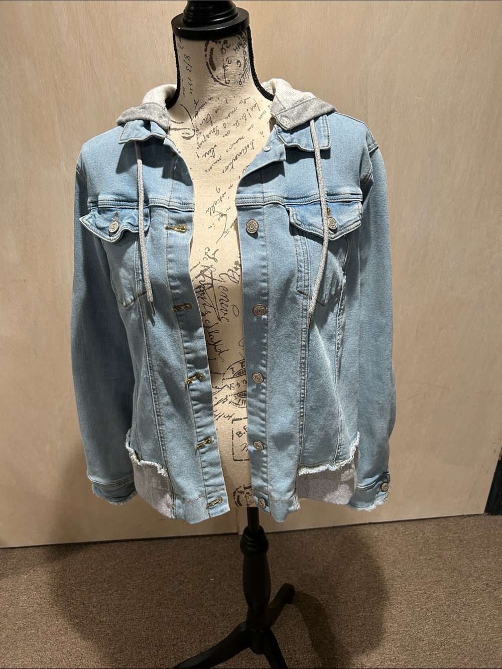 White Birch Light Blue Denim Jacket with Gray Hooded Trim. Size L